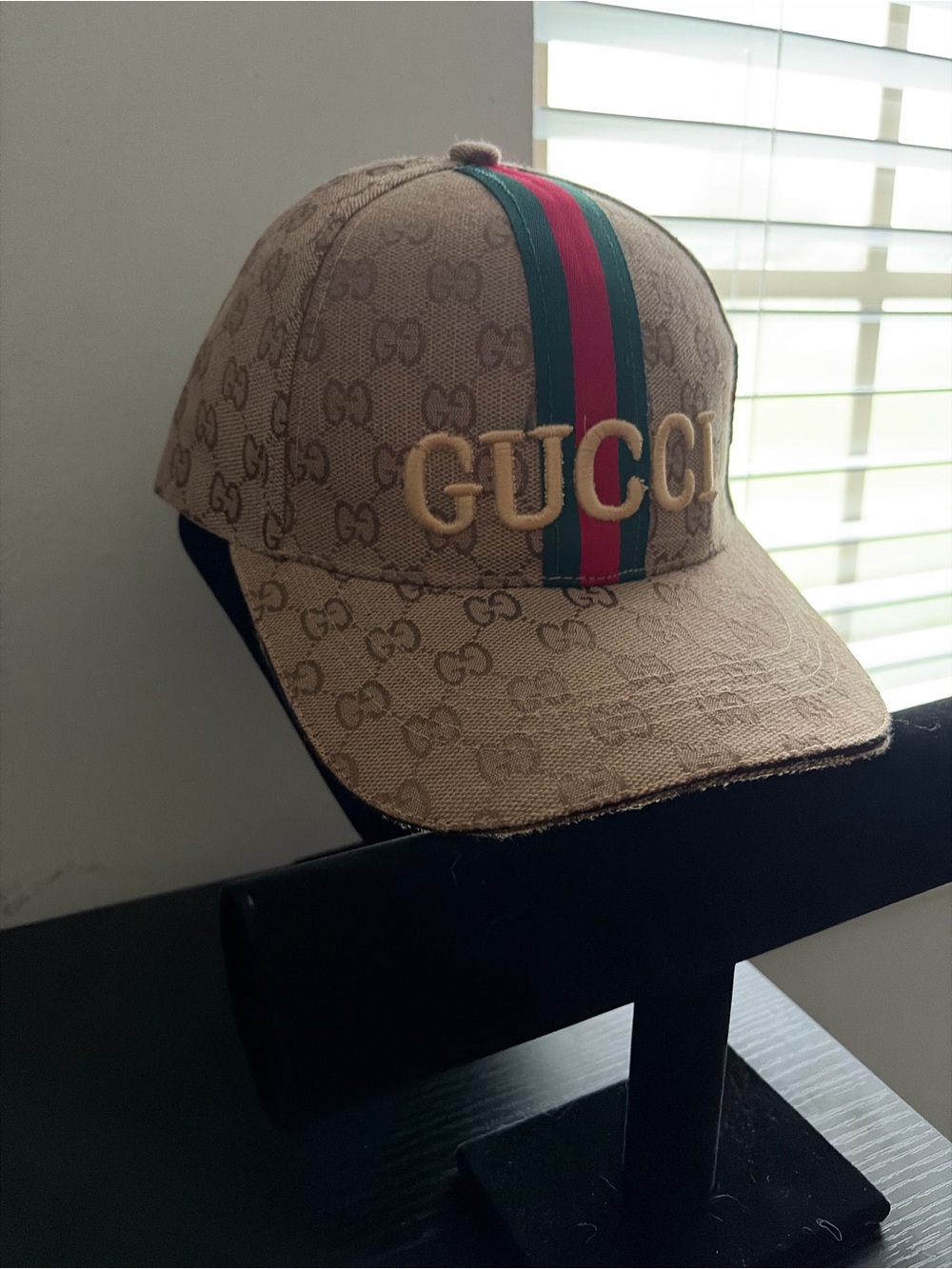 Gucci Tan GG Monogram Baseball Cap with Green-Red Stripe